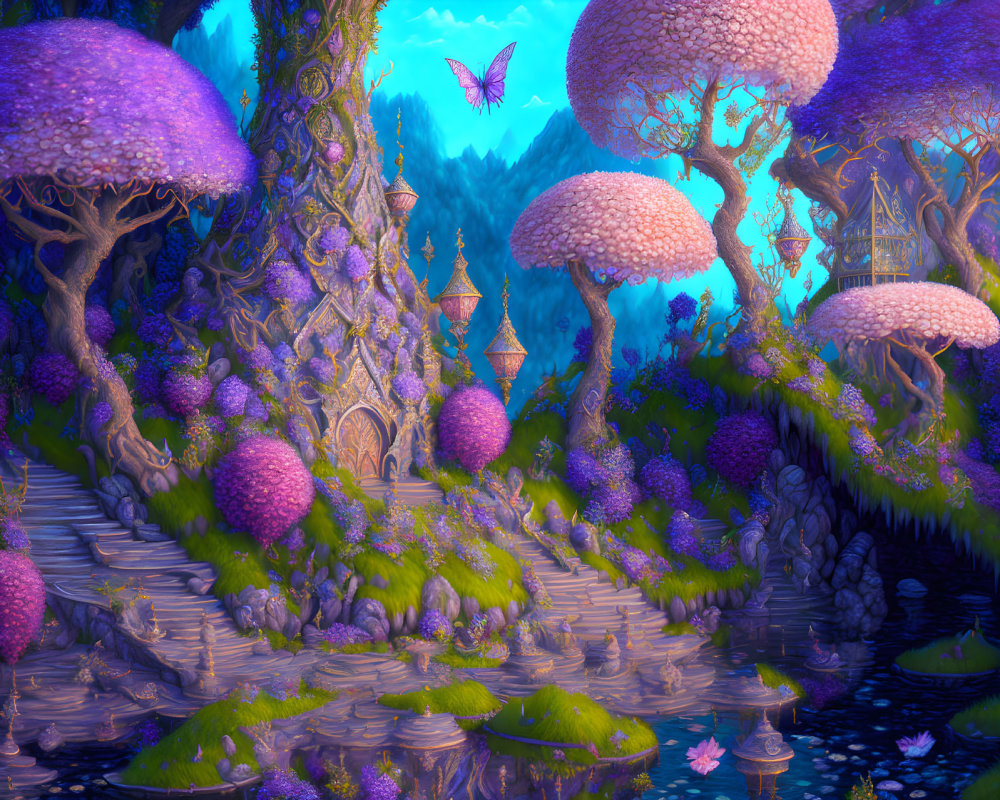 Fantasy landscape with purple vegetation, mushroom trees, butterfly, and ornate structures