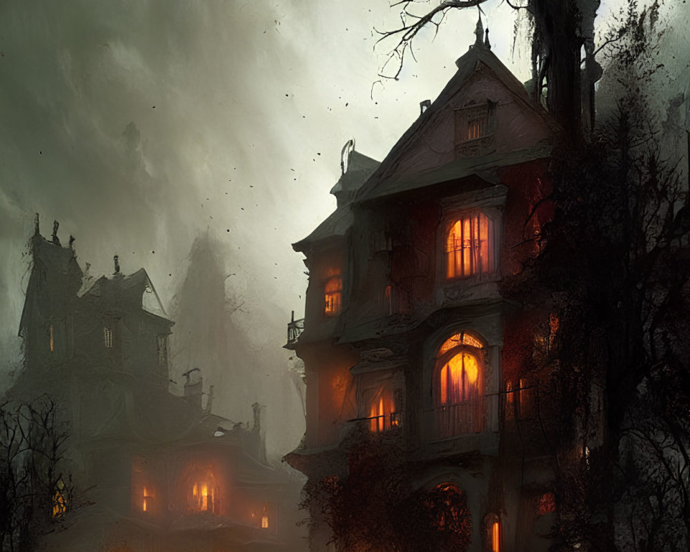 Dark, misty scene with gothic houses and glowing windows