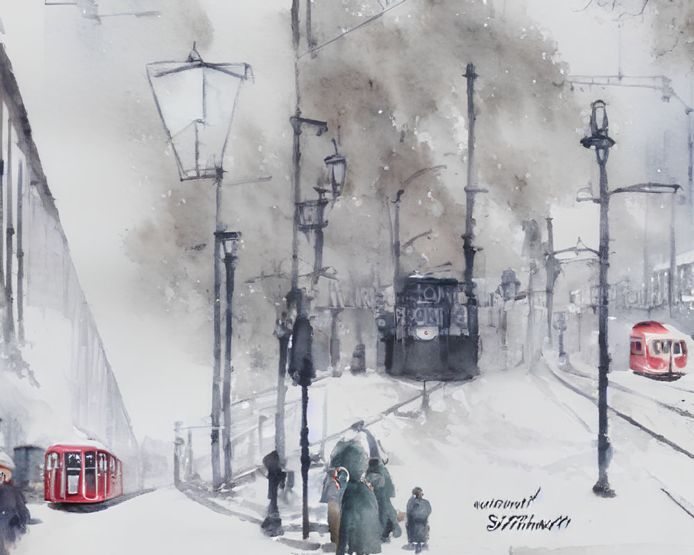 Snowy Street Scene Watercolor Painting with Pedestrians, Vintage Trams, and City Buildings