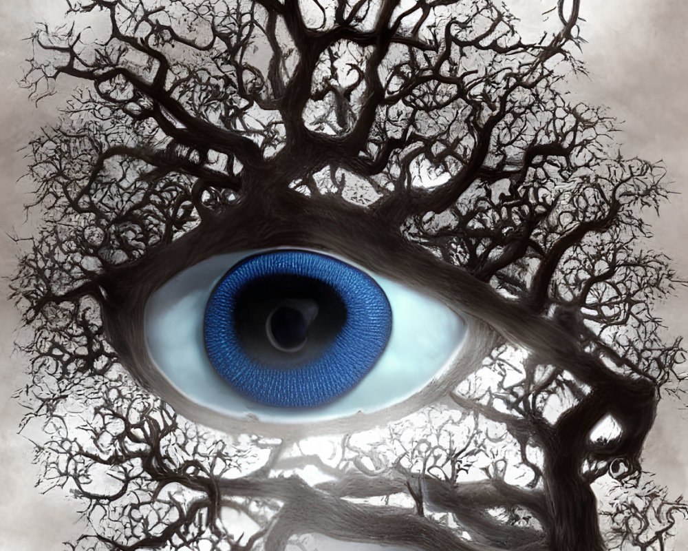 Surreal artwork: Leafless tree branches morph into blue eye