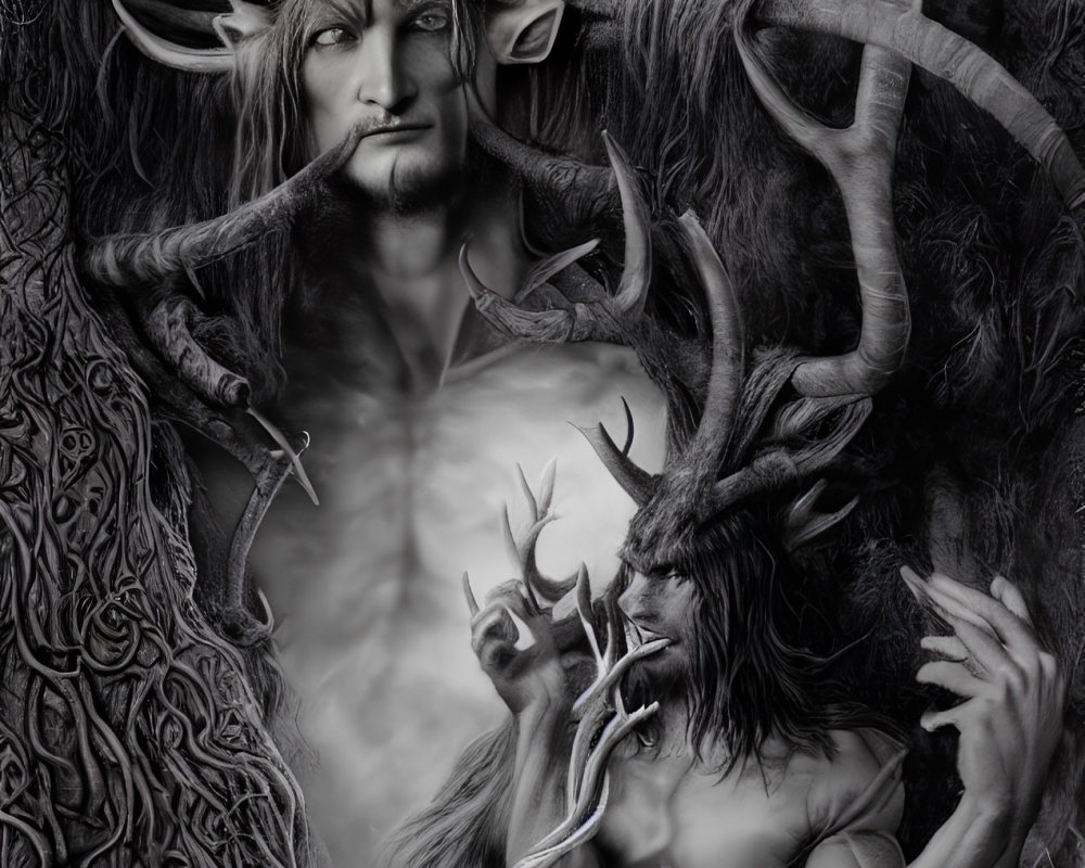 Monochrome fantasy image of two antlered figures in mystical forest