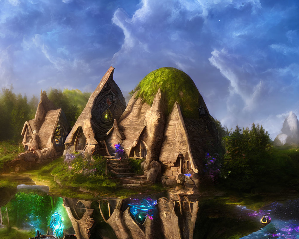 Fantasy landscape with whimsical houses, lush flora, reflective river, and vibrant sky