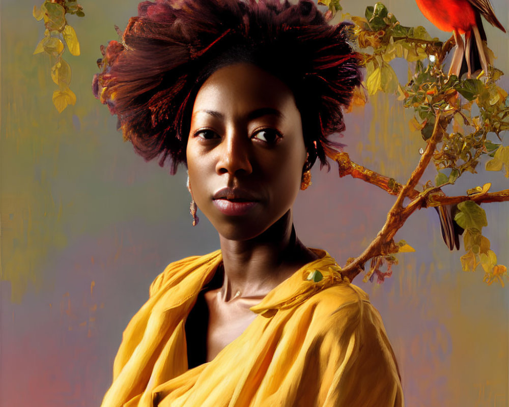 Portrait of woman with afro, twigs, leaves, yellow scarf, and red bird on branch