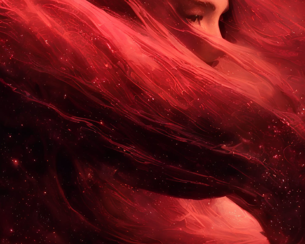 Artistic portrait in swirling crimson and scarlet hues evoking nebulae imagery.