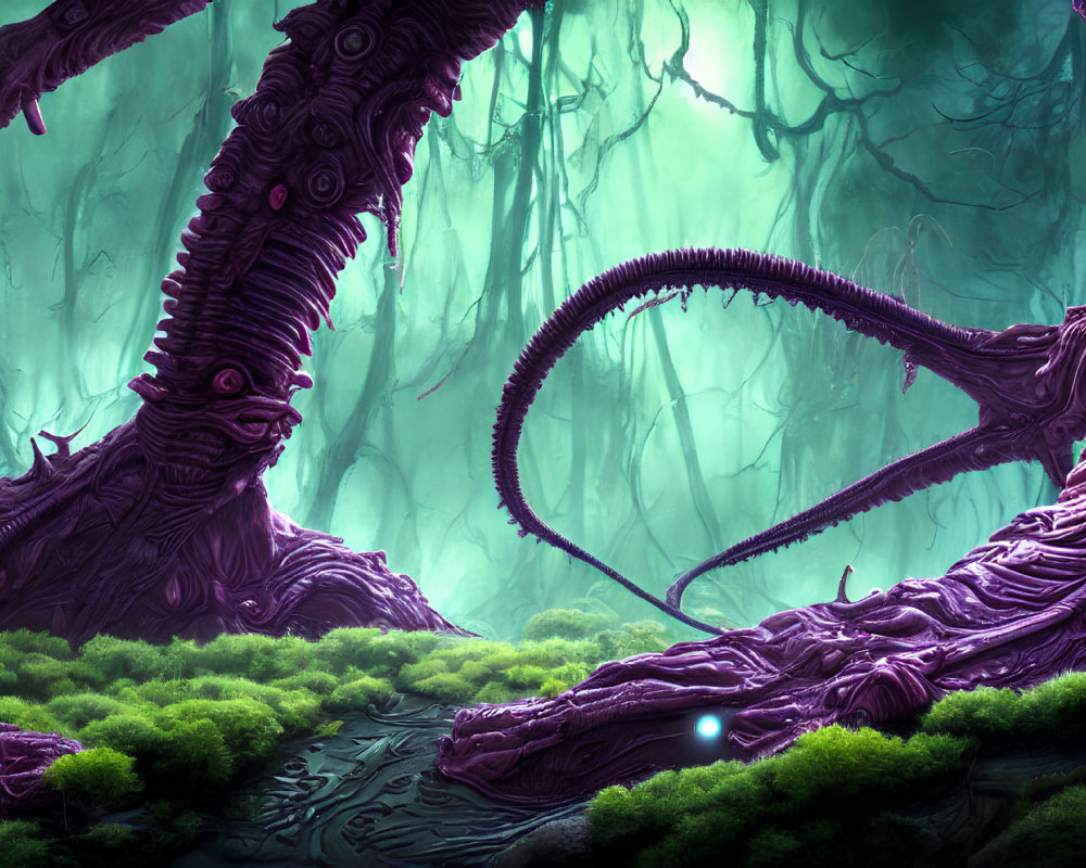 Ethereal forest with towering purple trees and glowing orb among misty canopy