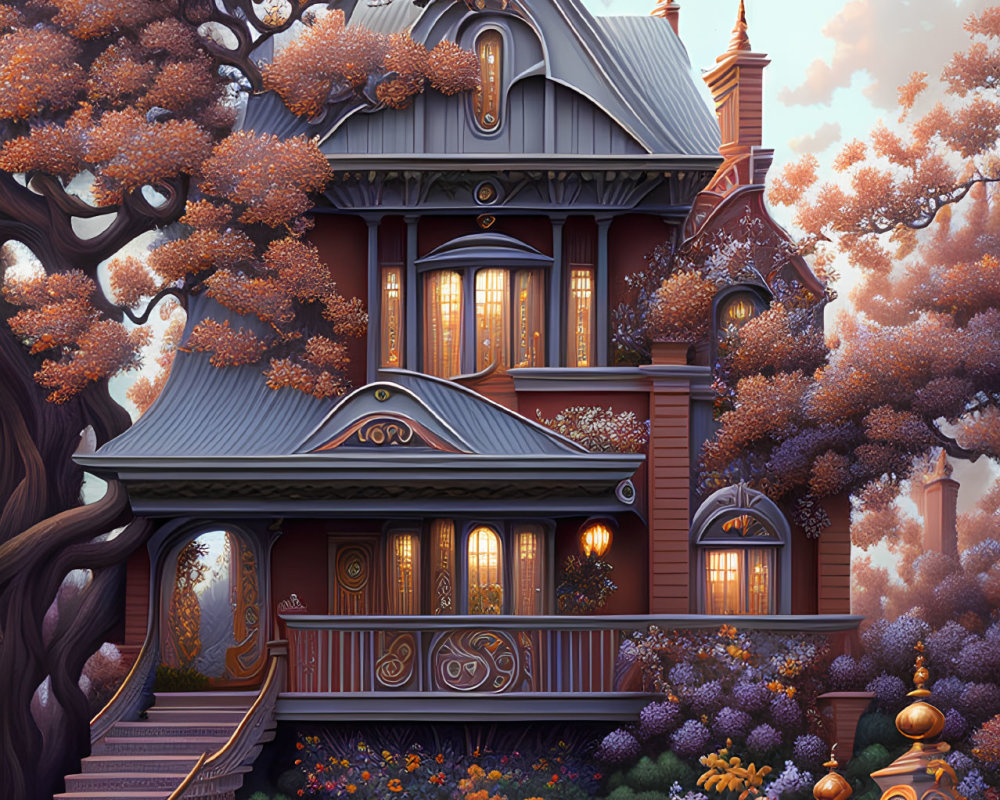 Victorian-style house with cherry trees and flowers under warm lighting