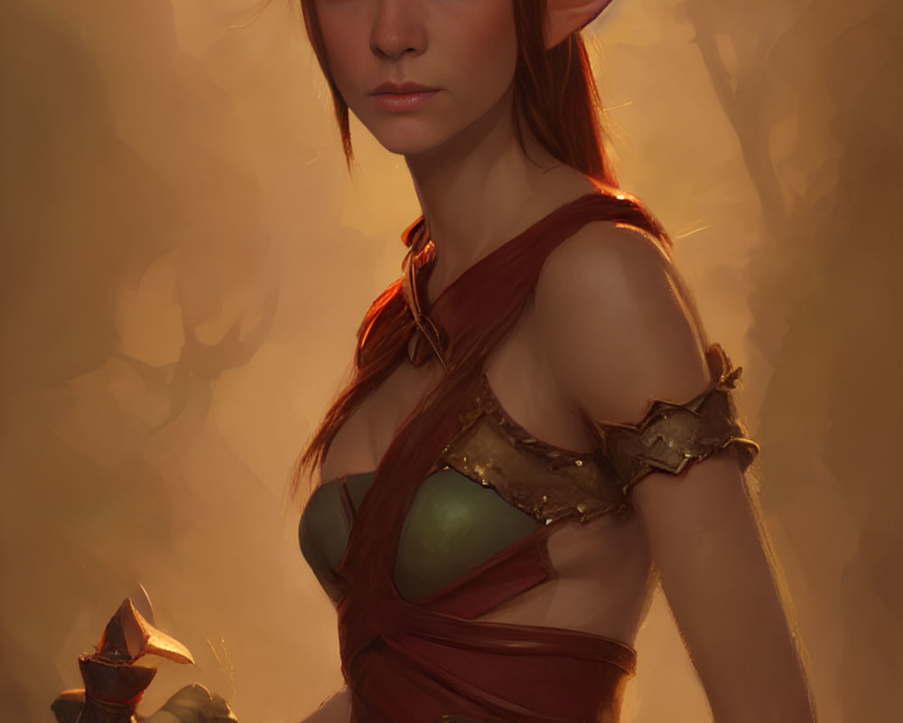 Female elf with red hair, pointy ears, stern expression, leather outfit, wooden staff