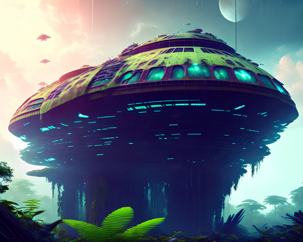 Futuristic city on giant tree in lush jungle with flying vehicles