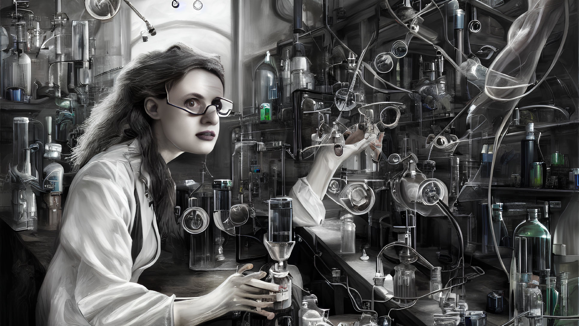 Scientist in lab coat examines chemical flask in cluttered laboratory