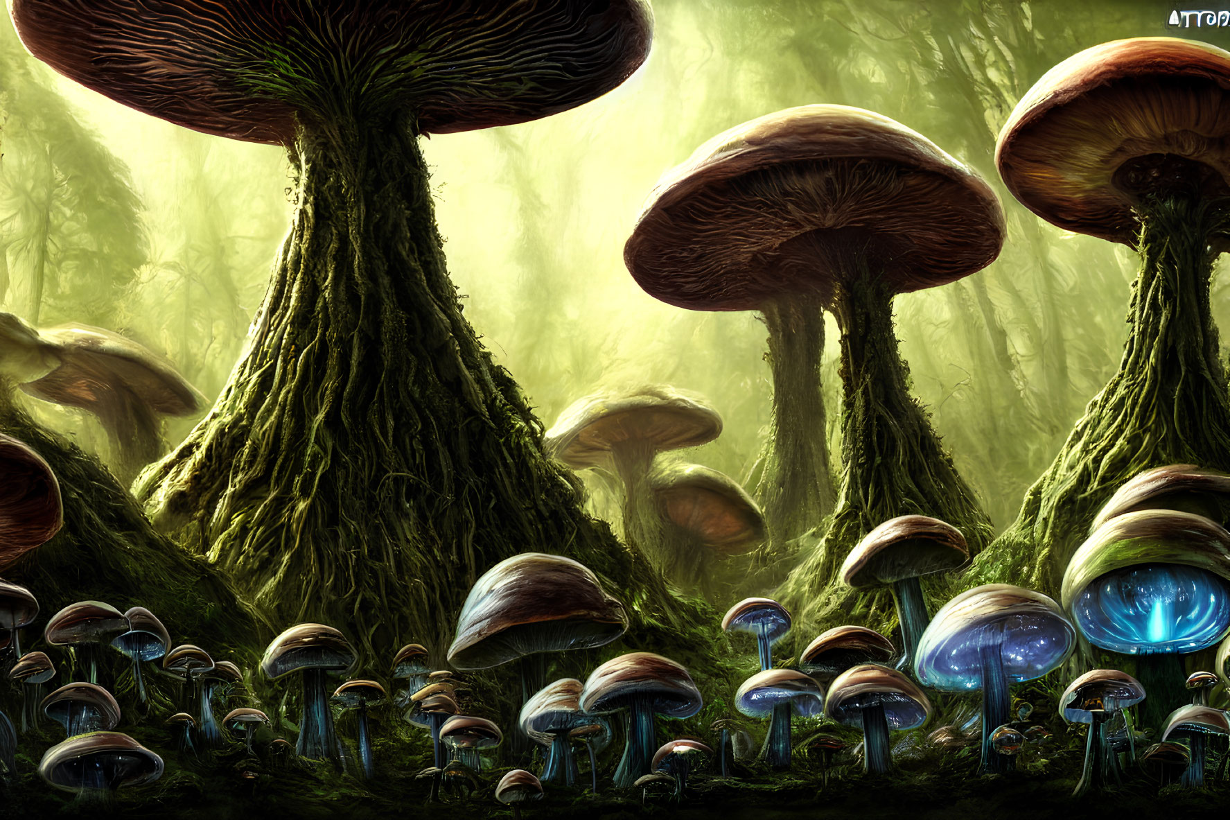 Enchanting forest with oversized mushrooms under magical glow