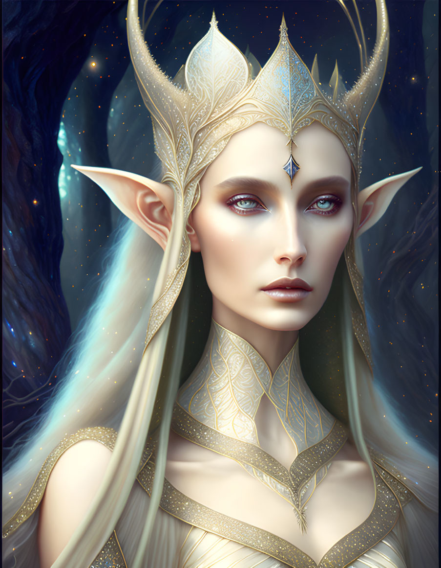 Ethereal elf portrait with long hair, crown, pointed ears, and blue eyes on starry