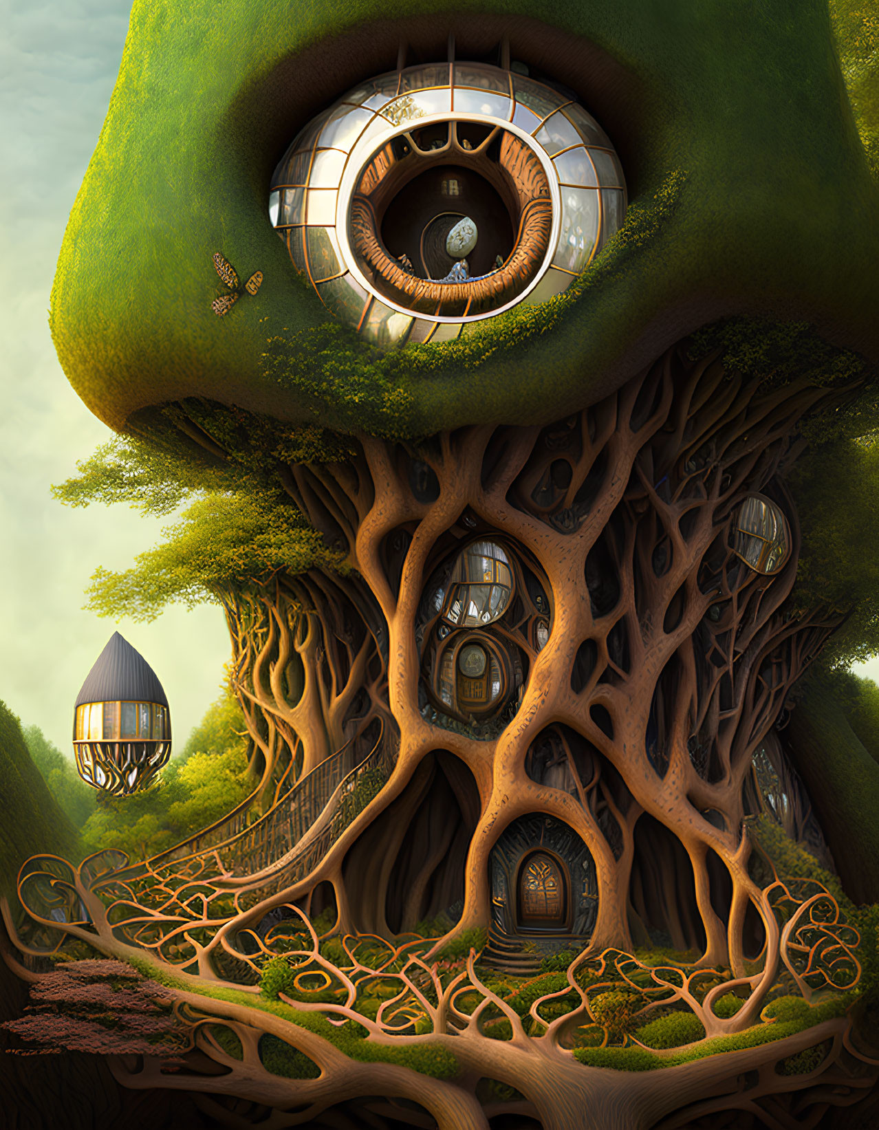 Intricate tree with eye-shaped structure and root-like rooms in lush landscape