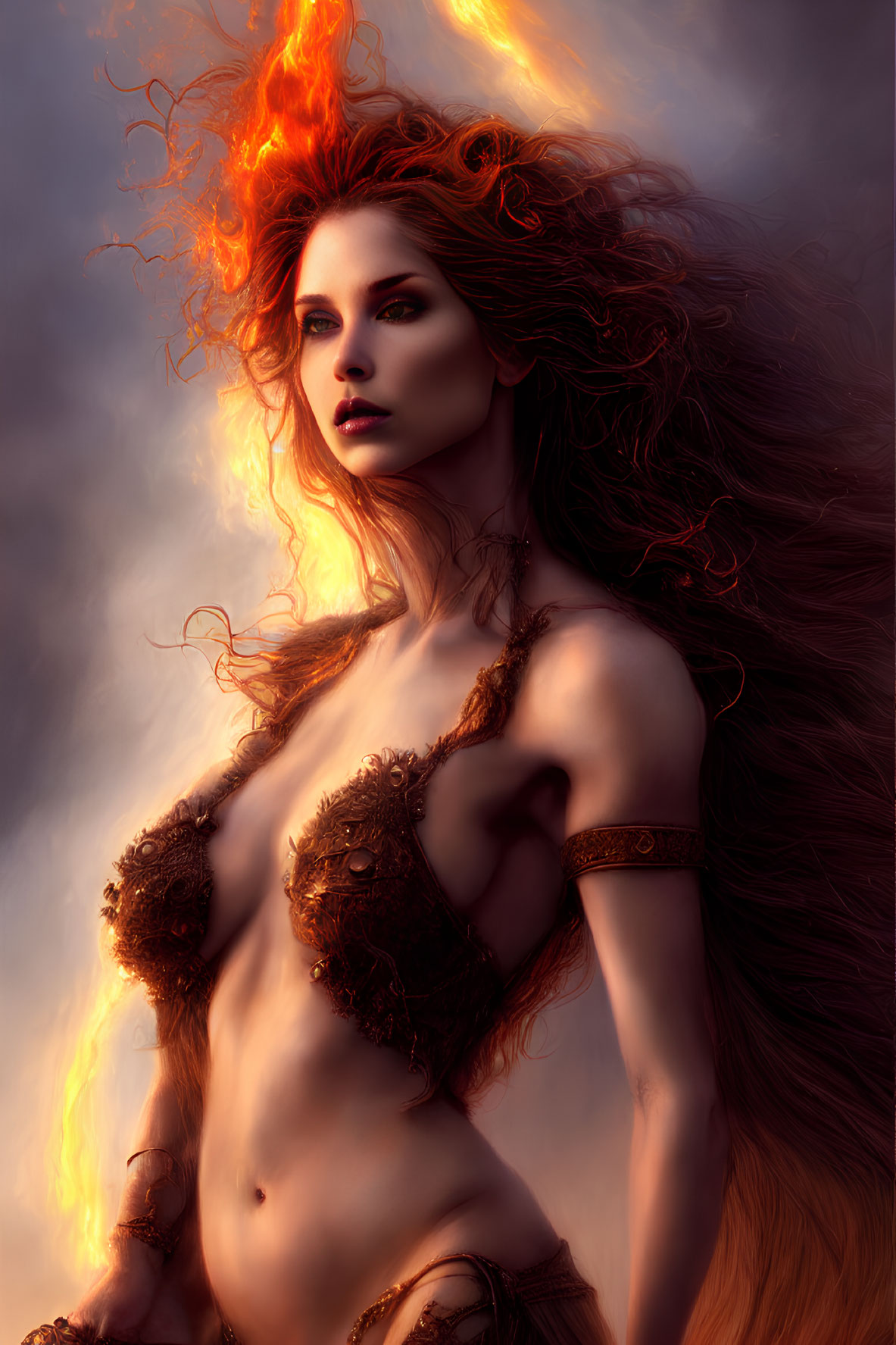 Fantasy artwork of woman with fiery red hair in bronze armor against cloudy sky