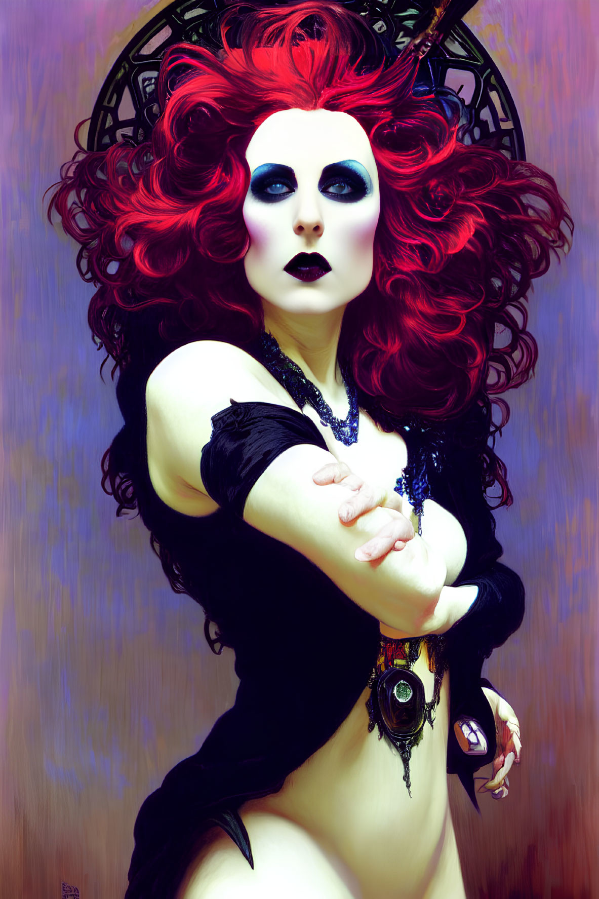 Stylized image of woman with red hair and dark makeup