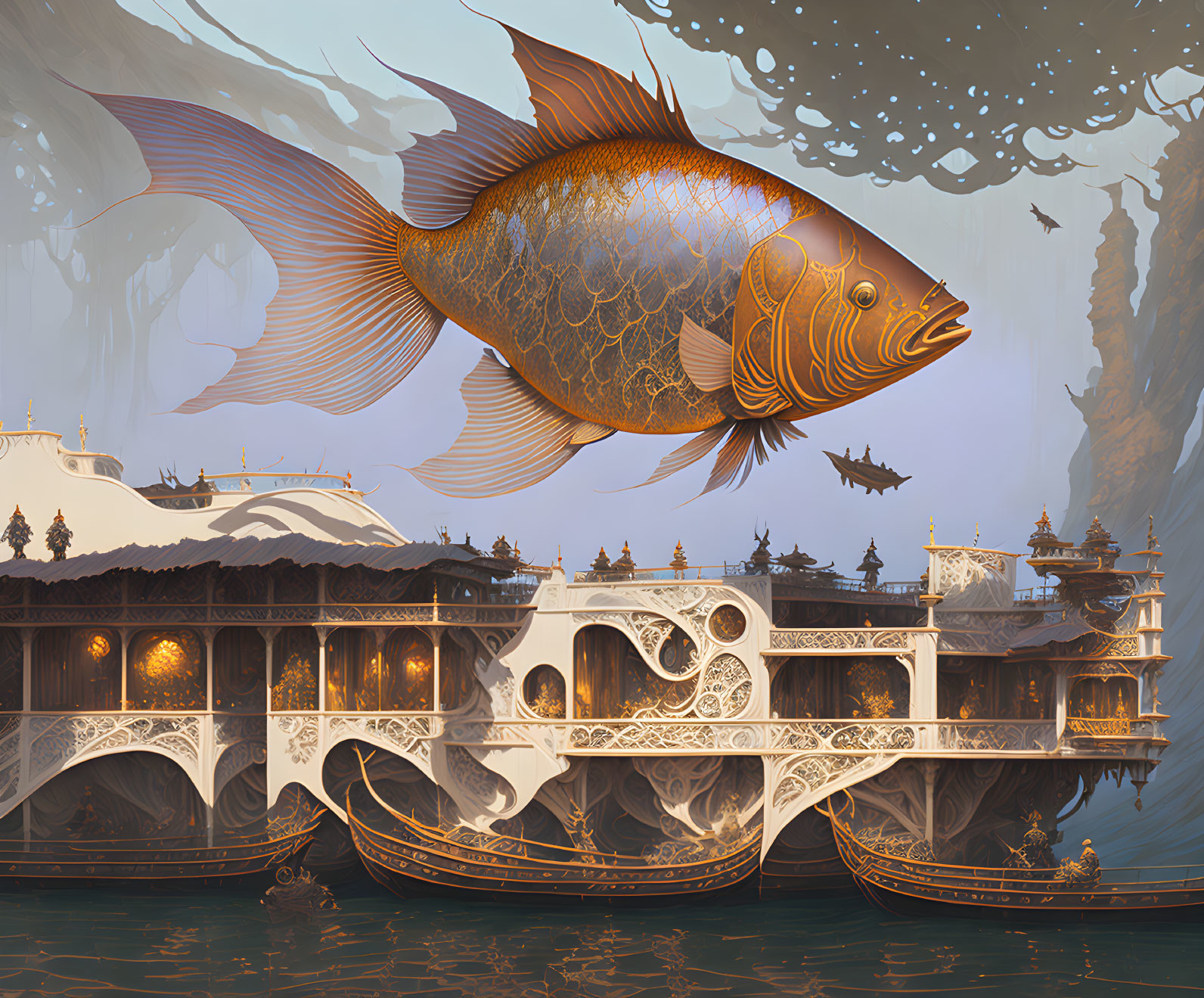 Giant fish floats above ornate floating buildings in serene scene