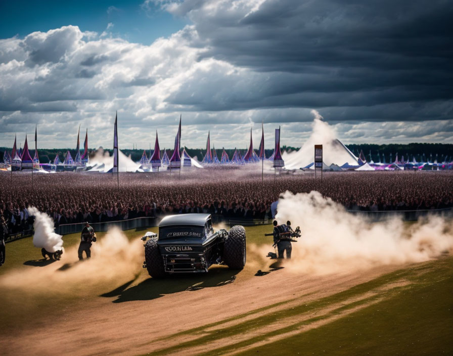 Off-road vehicle kicks up dust at outdoor event with dramatic sky.
