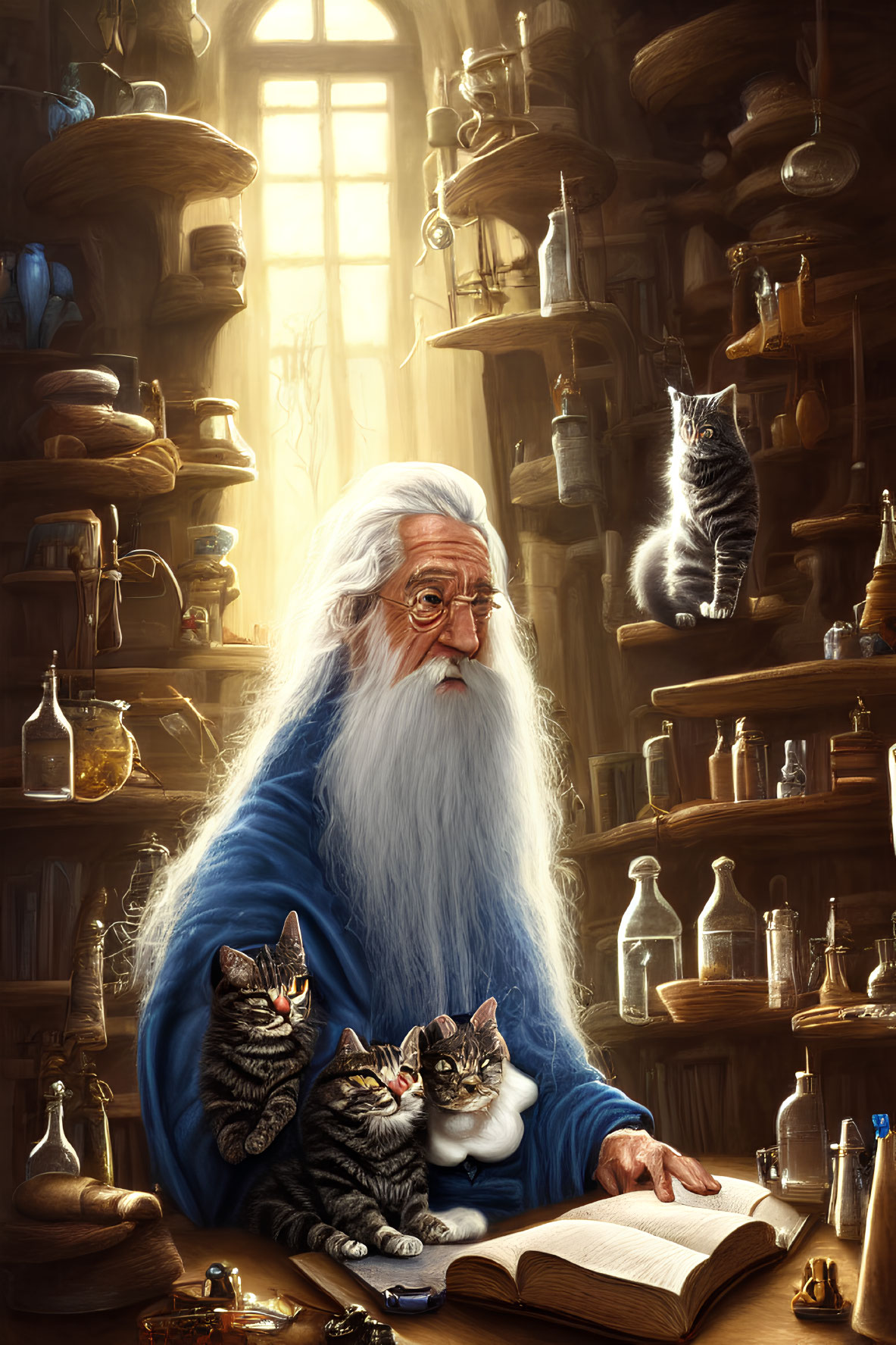 Elderly wizard reading book with three cats in cozy room