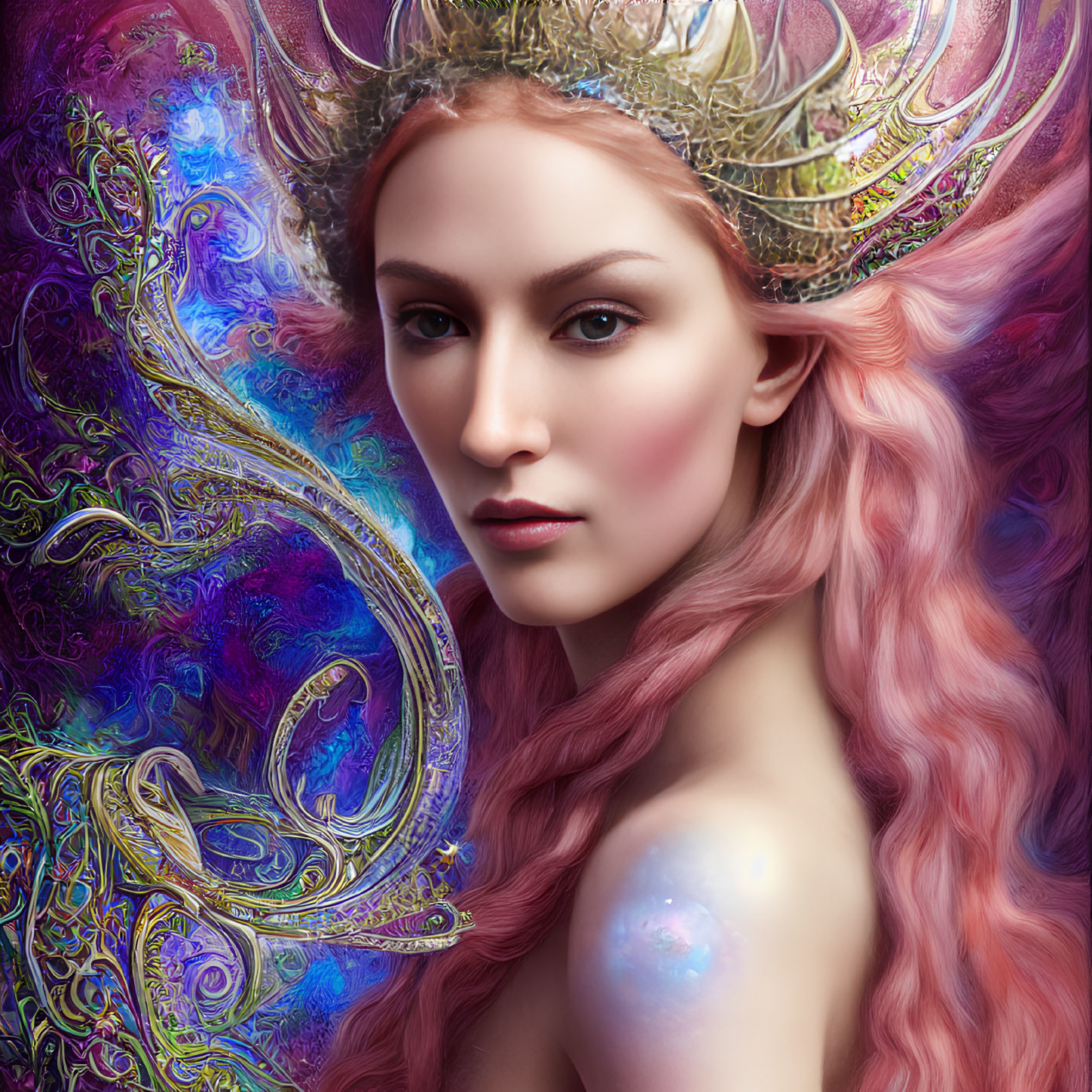 Fantastical image: Woman with pink hair and ornate headdress.