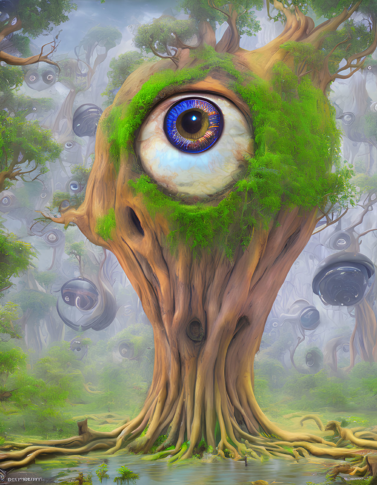 Surreal image of giant tree with blue eye in misty forest