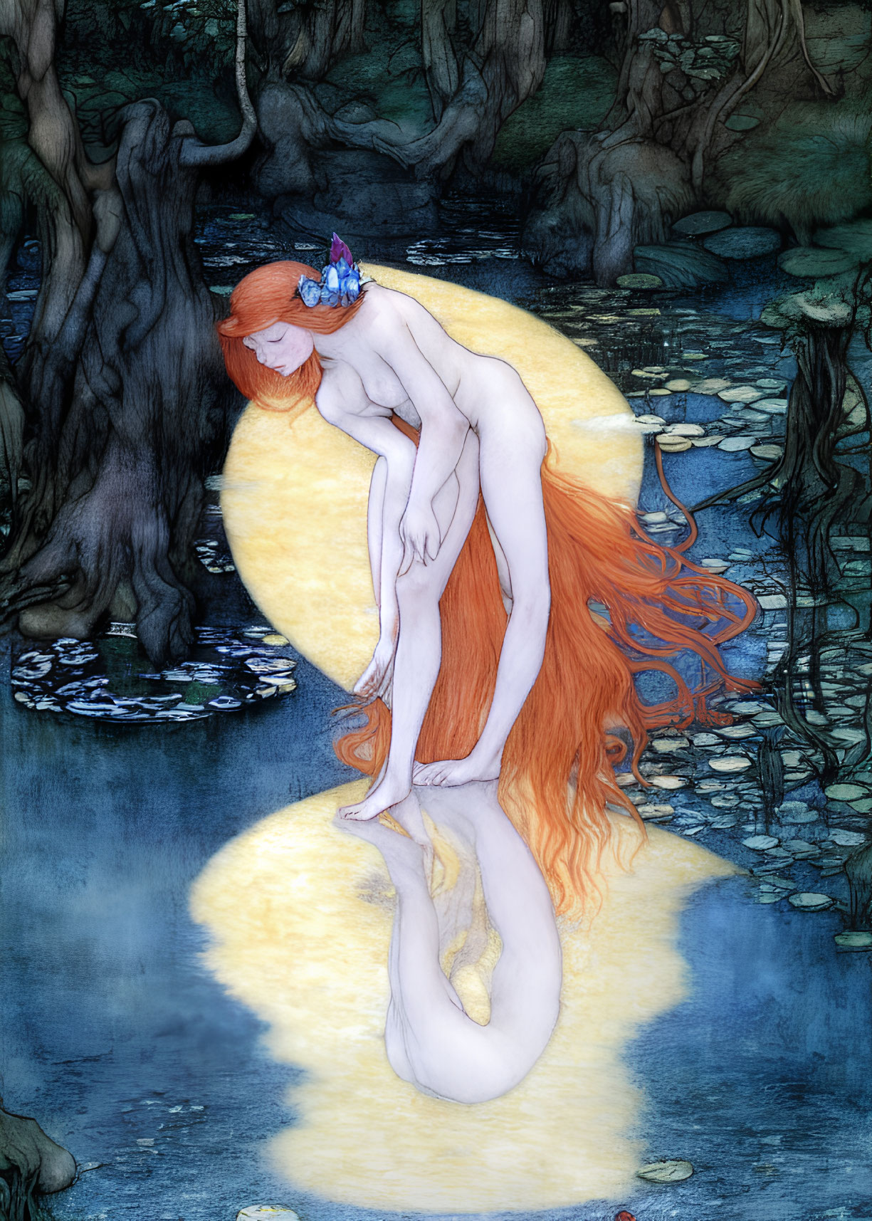 Red-haired female figure in moonlit woods gazes at water with lily pads.