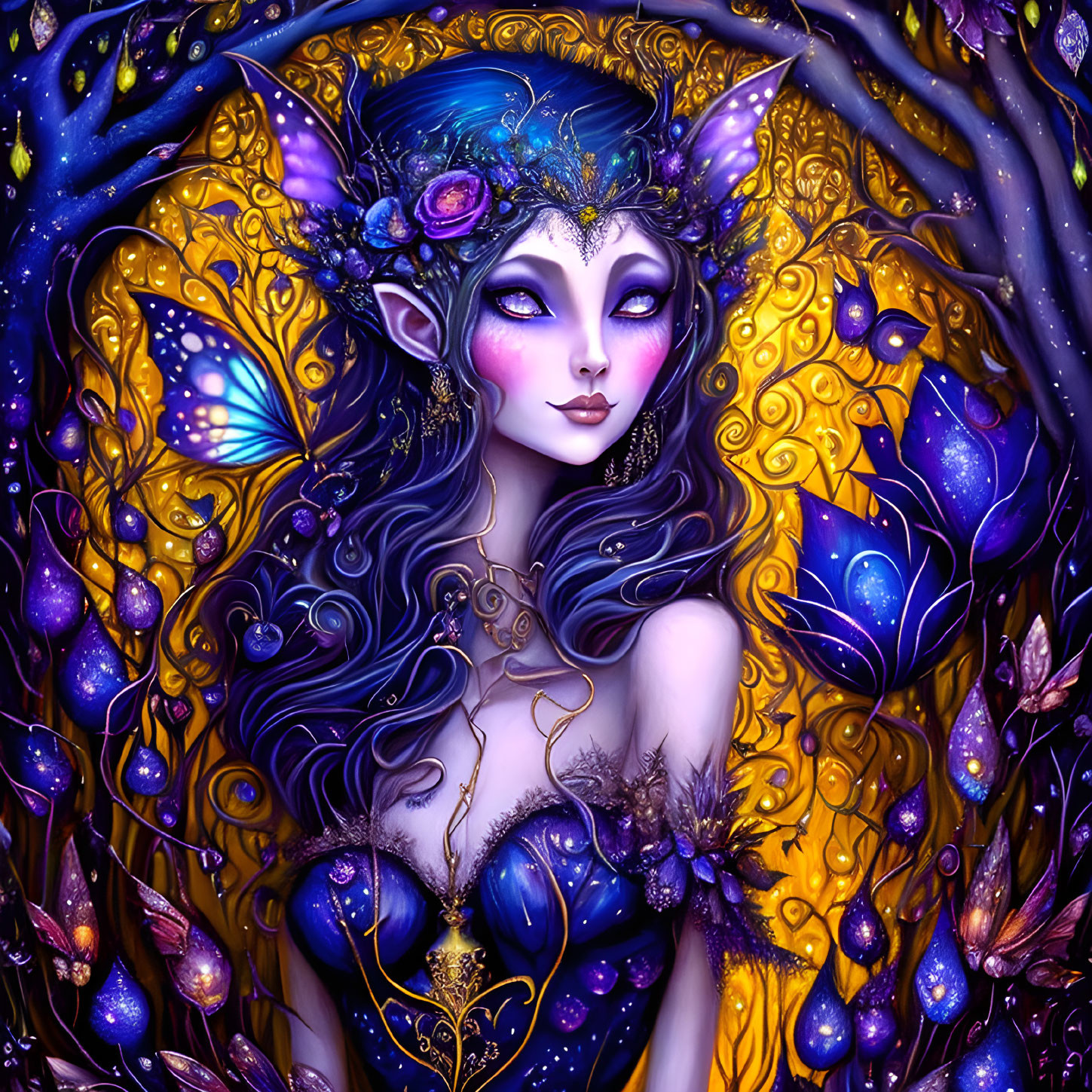 Fantasy illustration of mystical female figure with purple skin and pointed ears surrounded by butterflies and foliage