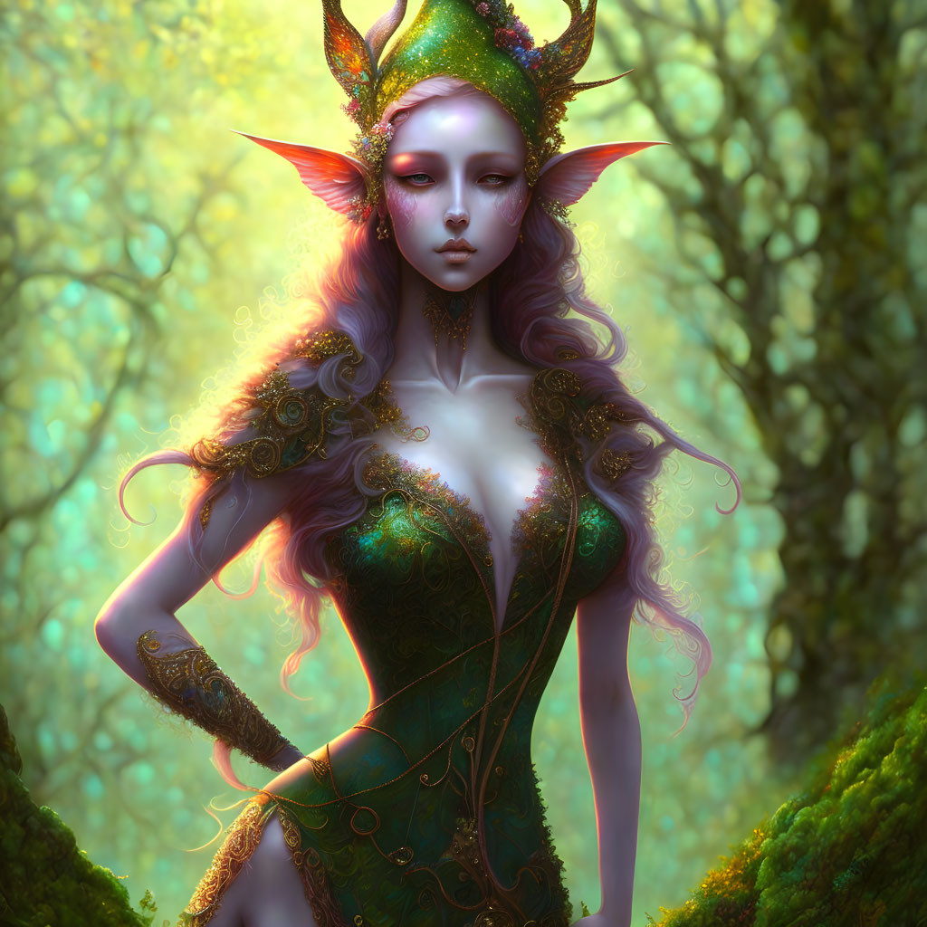 Ethereal female creature with elfin ears in green and gold dress in magical forest.