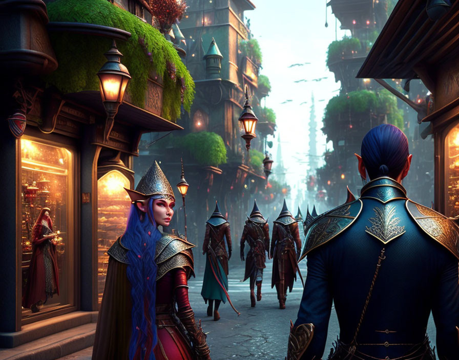 Armored elves patrol vibrant city street with hanging gardens and lanterns