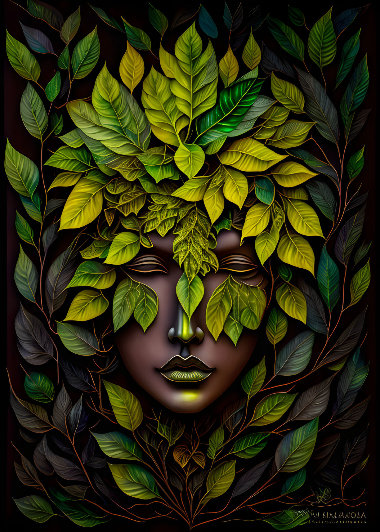 Serene face surrounded by vibrant leaves on dark background