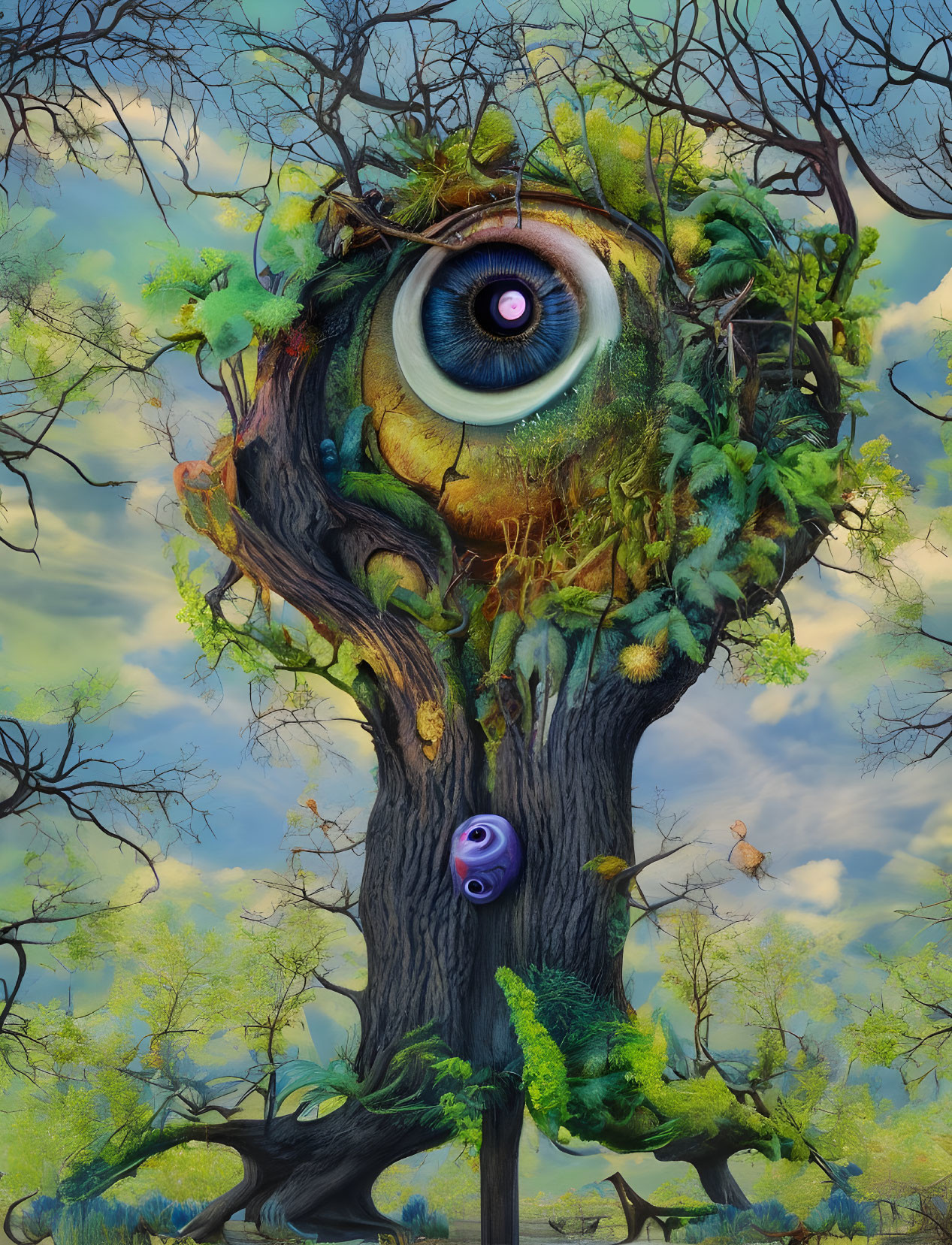 Detailed Eye in Vibrant Tree Scene with Wildlife and Cloudy Sky