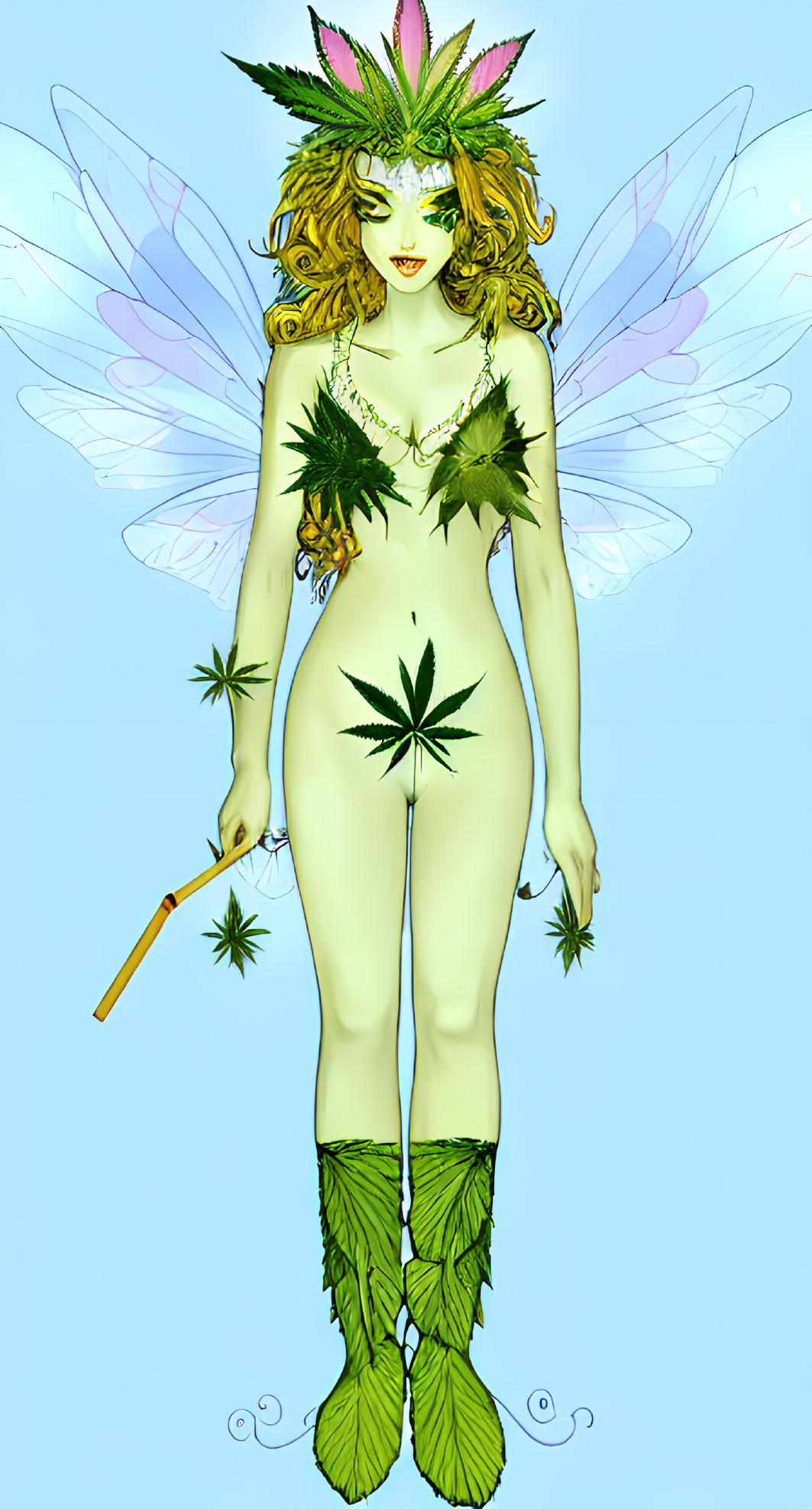 Fantasy illustration of female figure with cannabis-themed adornments and wings