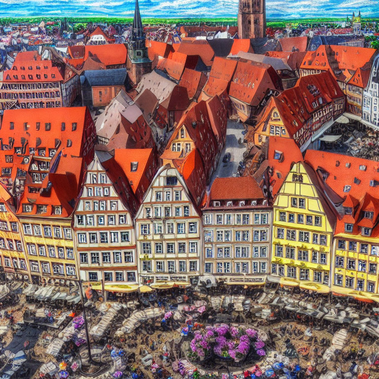 Colorful European town square with bustling activity and greenery