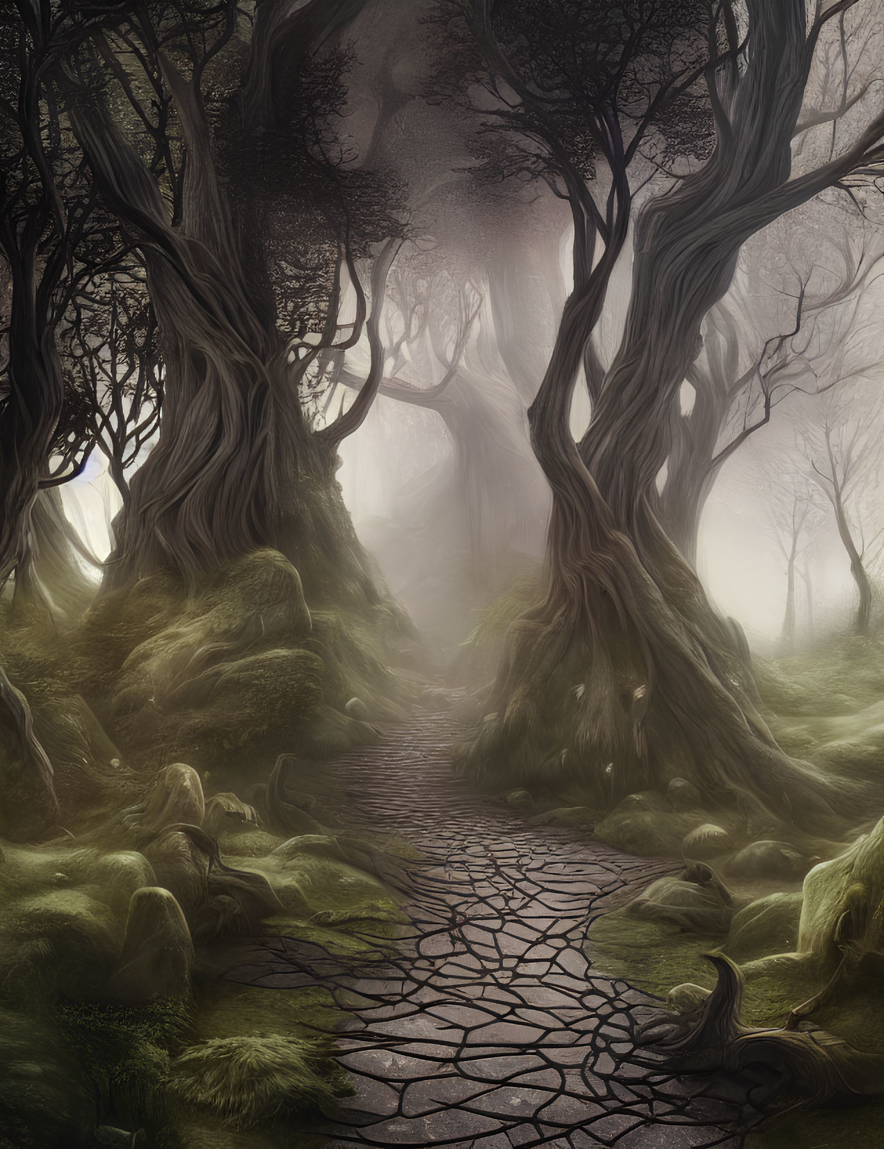 Mystical foggy forest path with ancient trees and moss-covered grounds