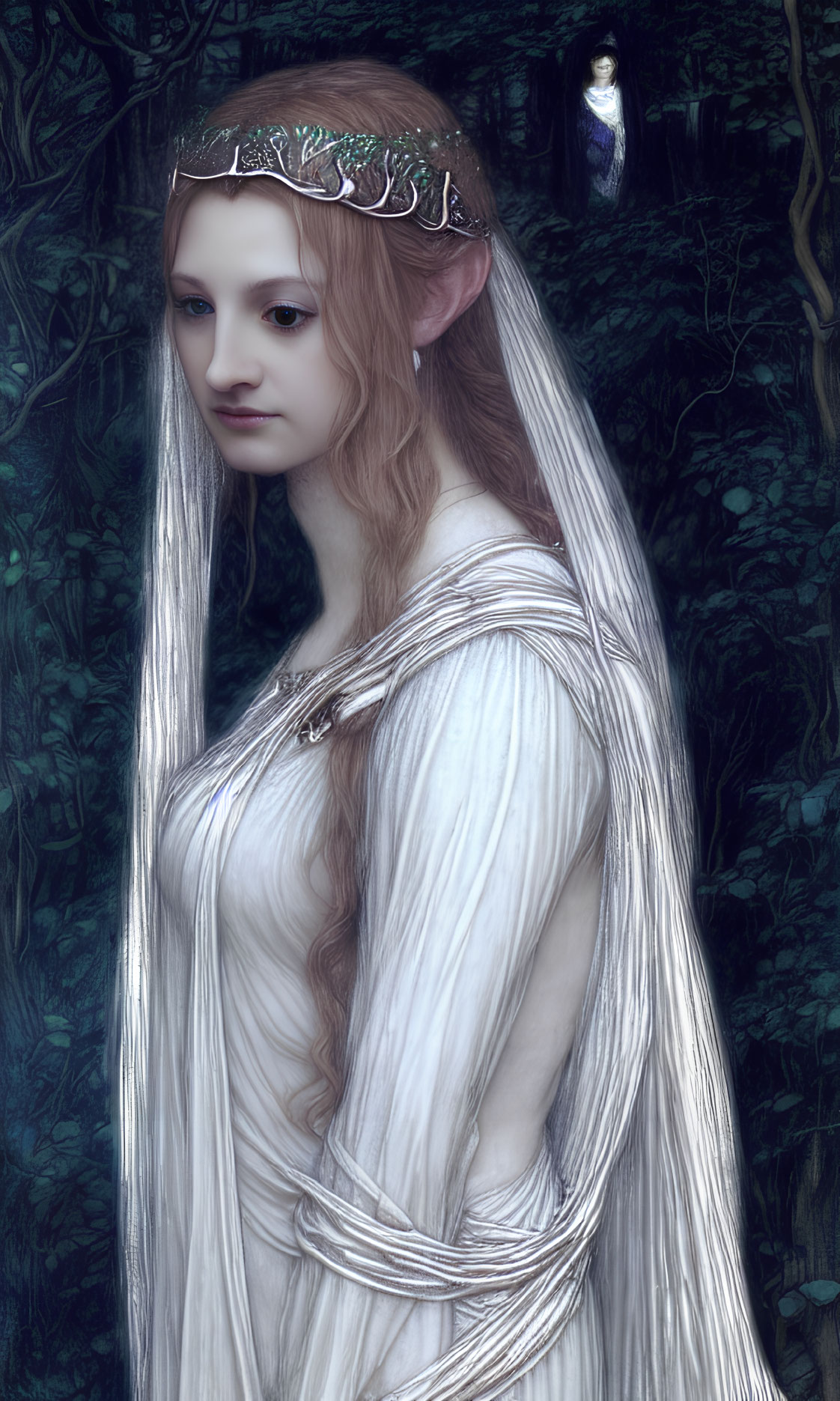 Elf woman with white hair in silver gown and tiara in mystical forest with owl