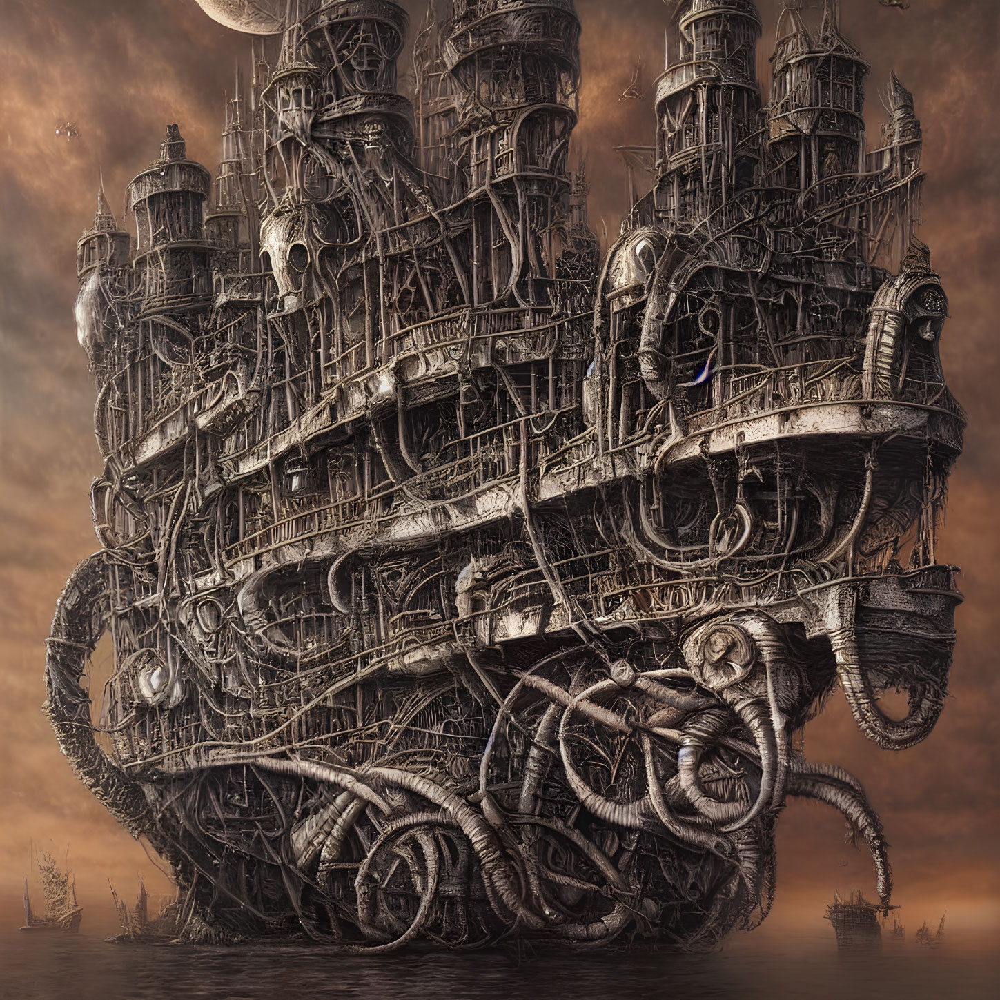 Fantastical ship with numerous sails and tentacles against dusky sky