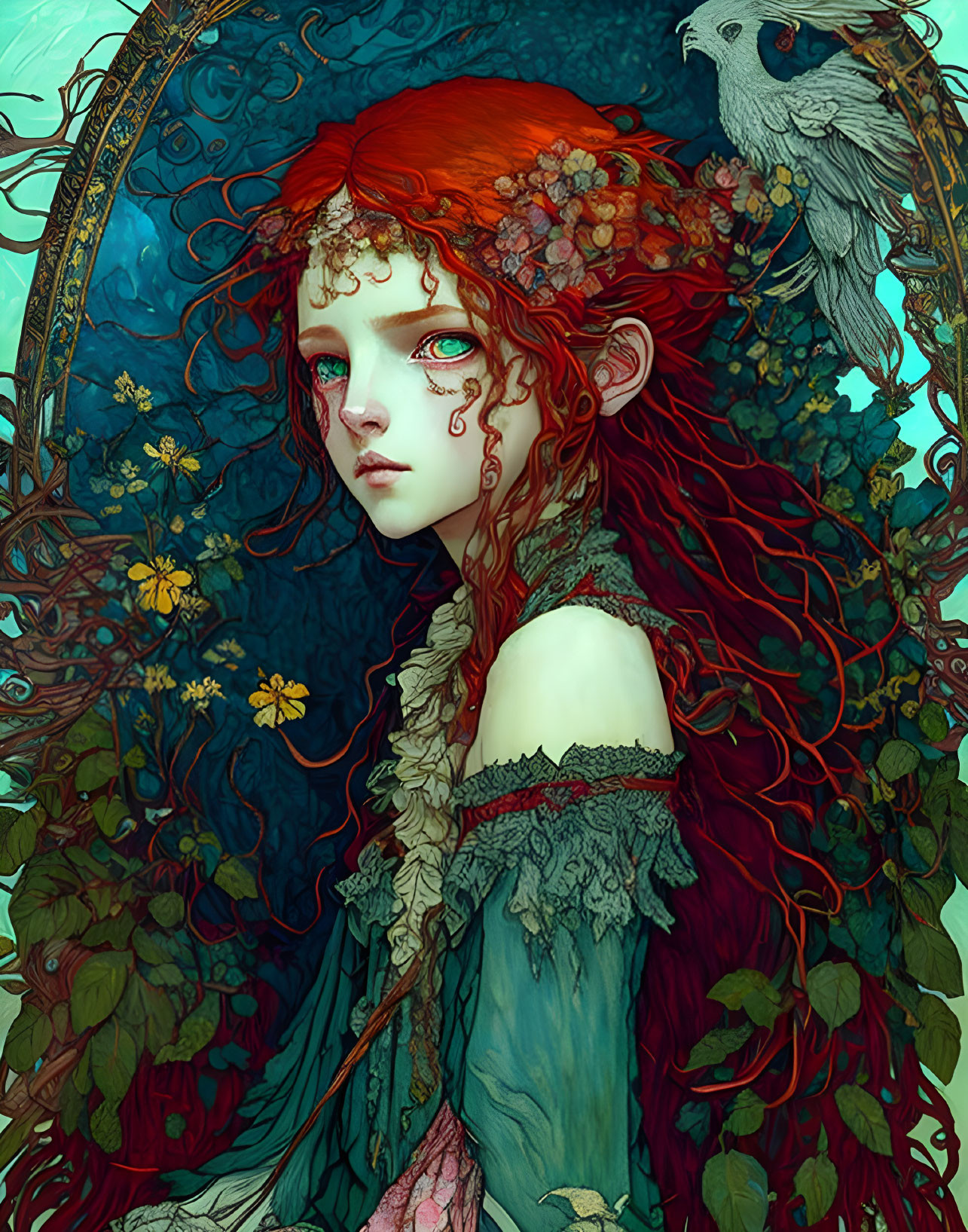 Illustration of red-haired girl with floral accessories in lush greenery