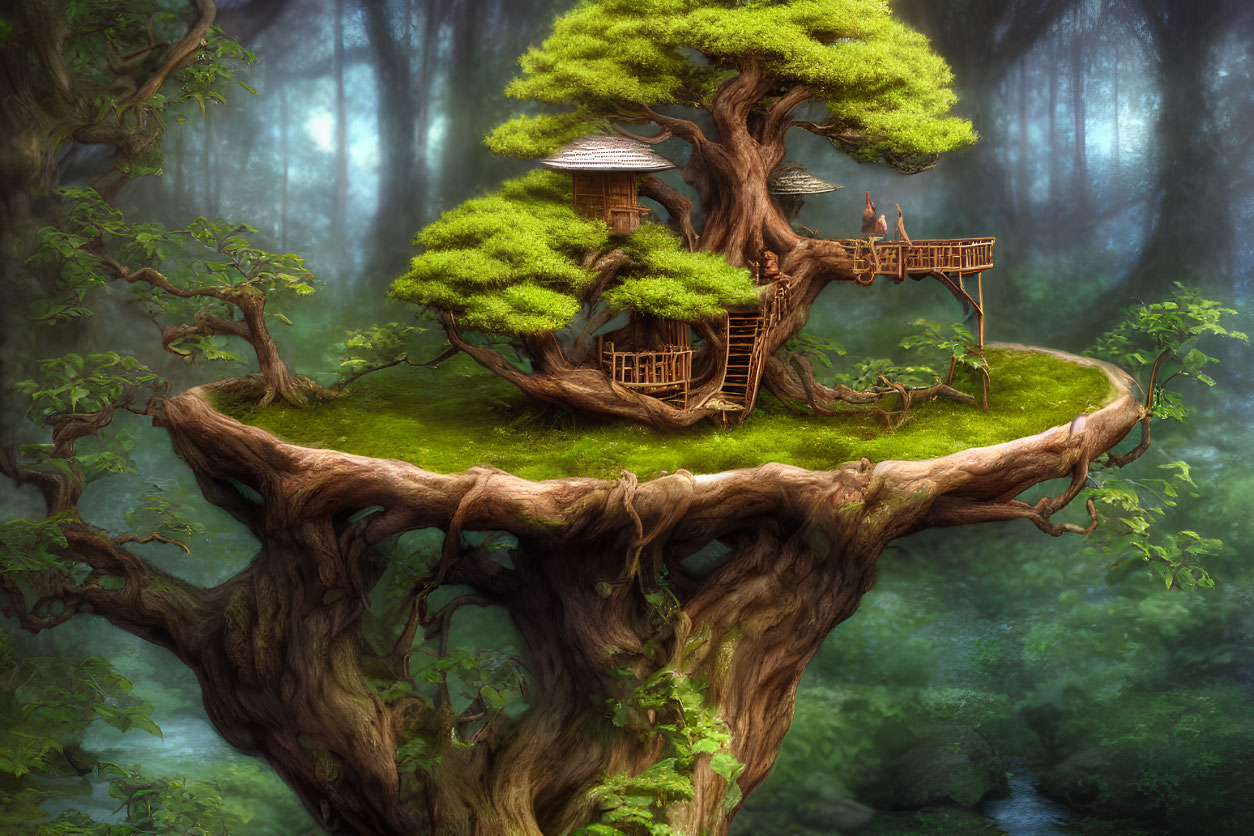 Enchanting floating island with ancient tree, treehouse, and wooden bridge