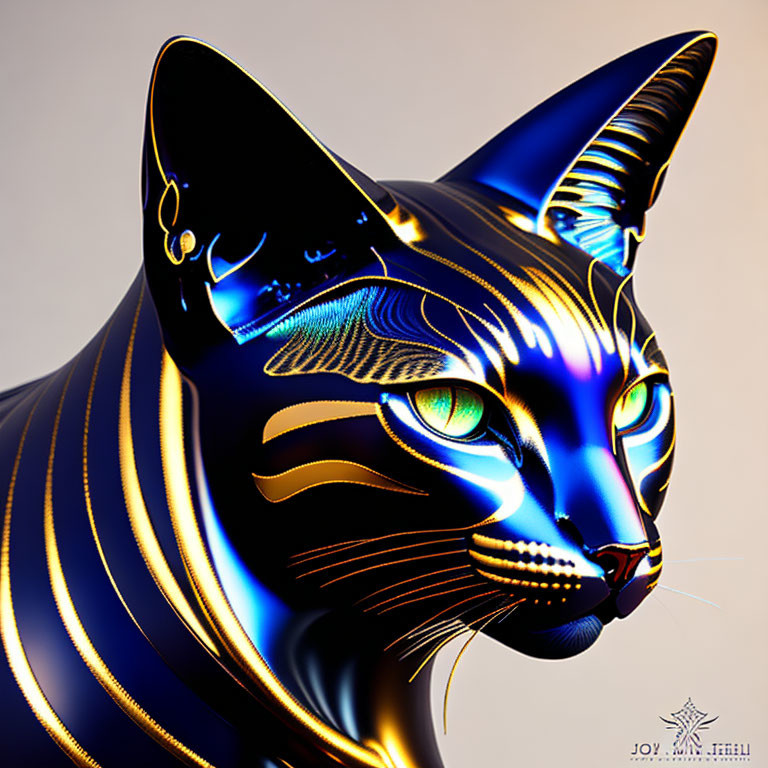 Stylized metallic cat art: blue, gold colors, intricate patterns, green eyes