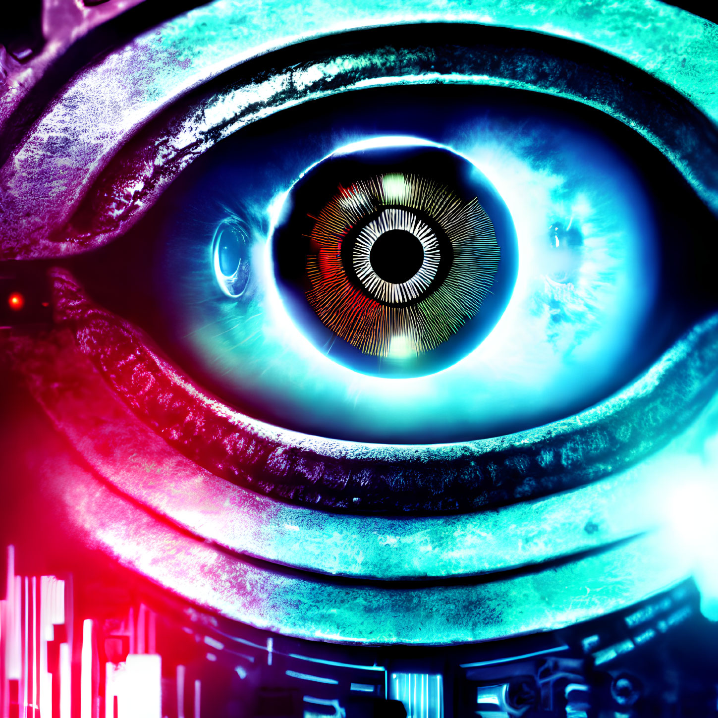 Colorful Close-Up of Stylized Robotic Eye with Glowing Iris