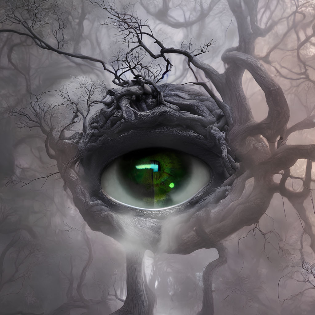 Enormous eye in mystical forest with twisted branches