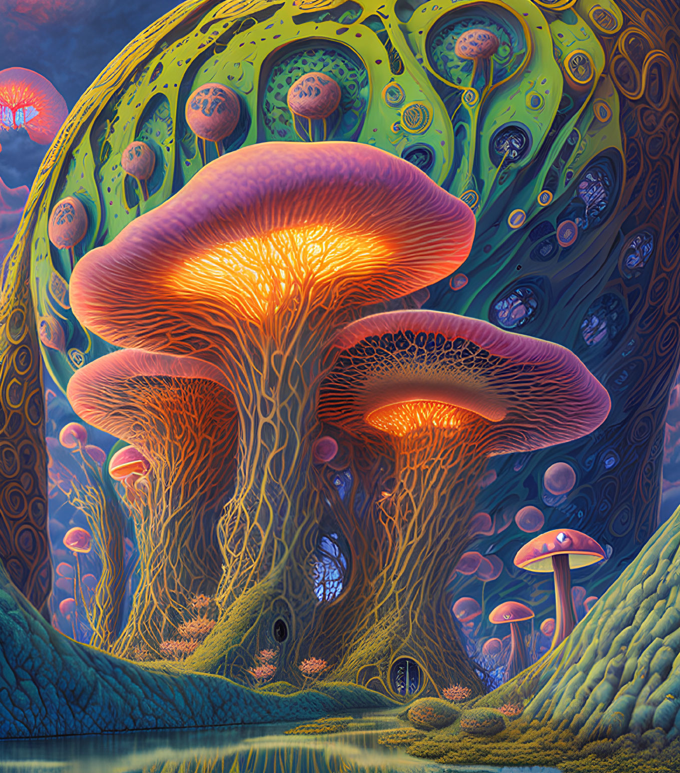 Fantastical landscape with oversized mushrooms and floating orbs