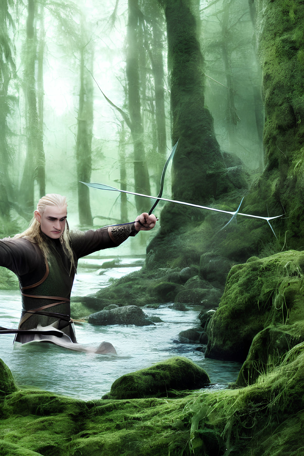 Blond elf with bow and arrow in misty green forest