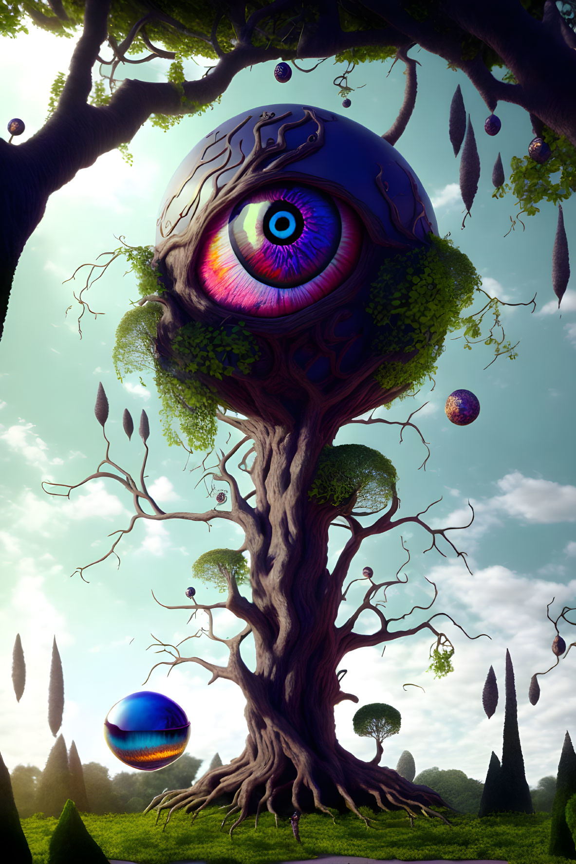 Surreal artwork: Tree with giant eye canopy in mystical landscape