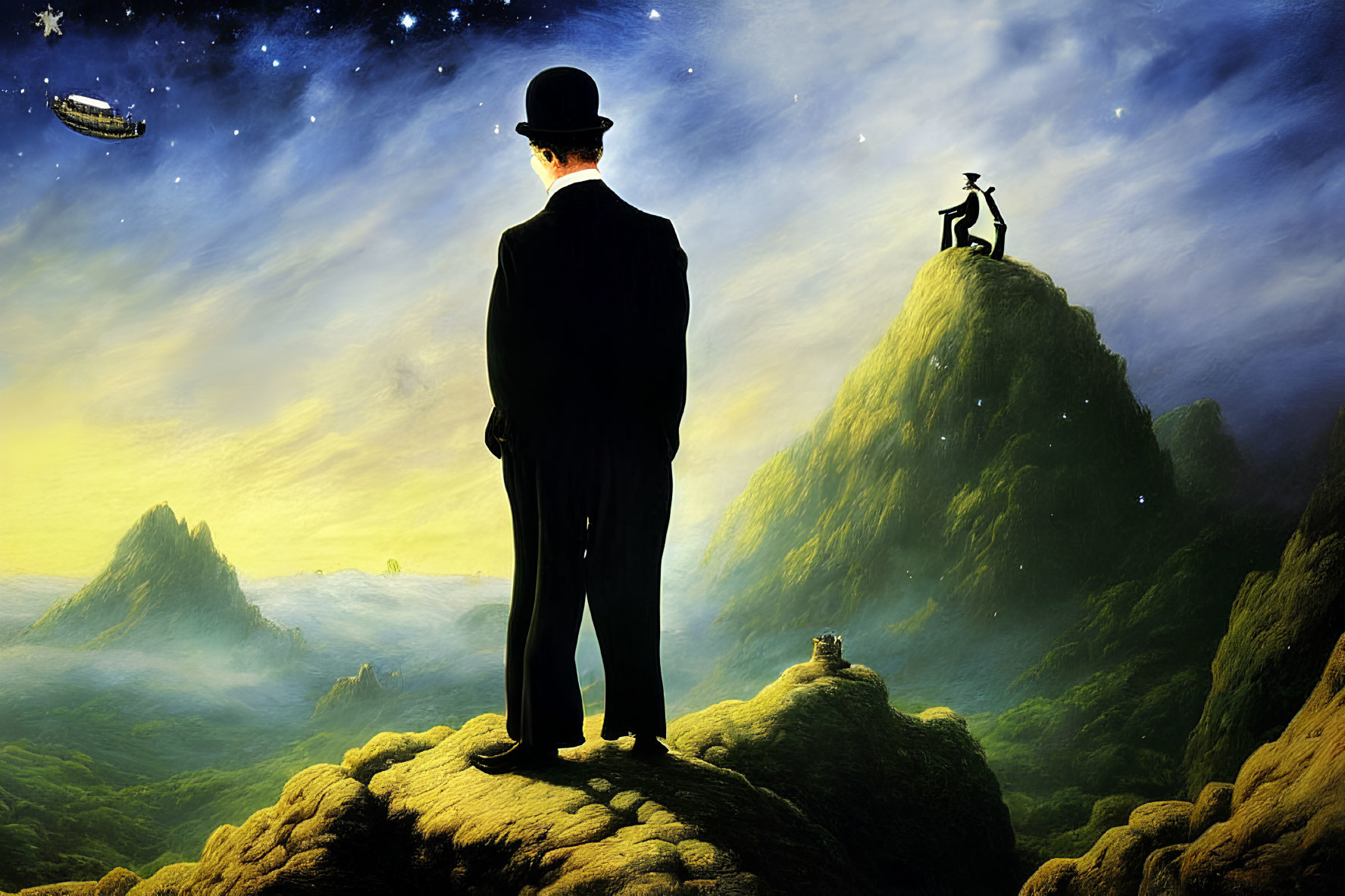 Man in suit on verdant hill gazes at surreal mountains under starry sky with floating ship.