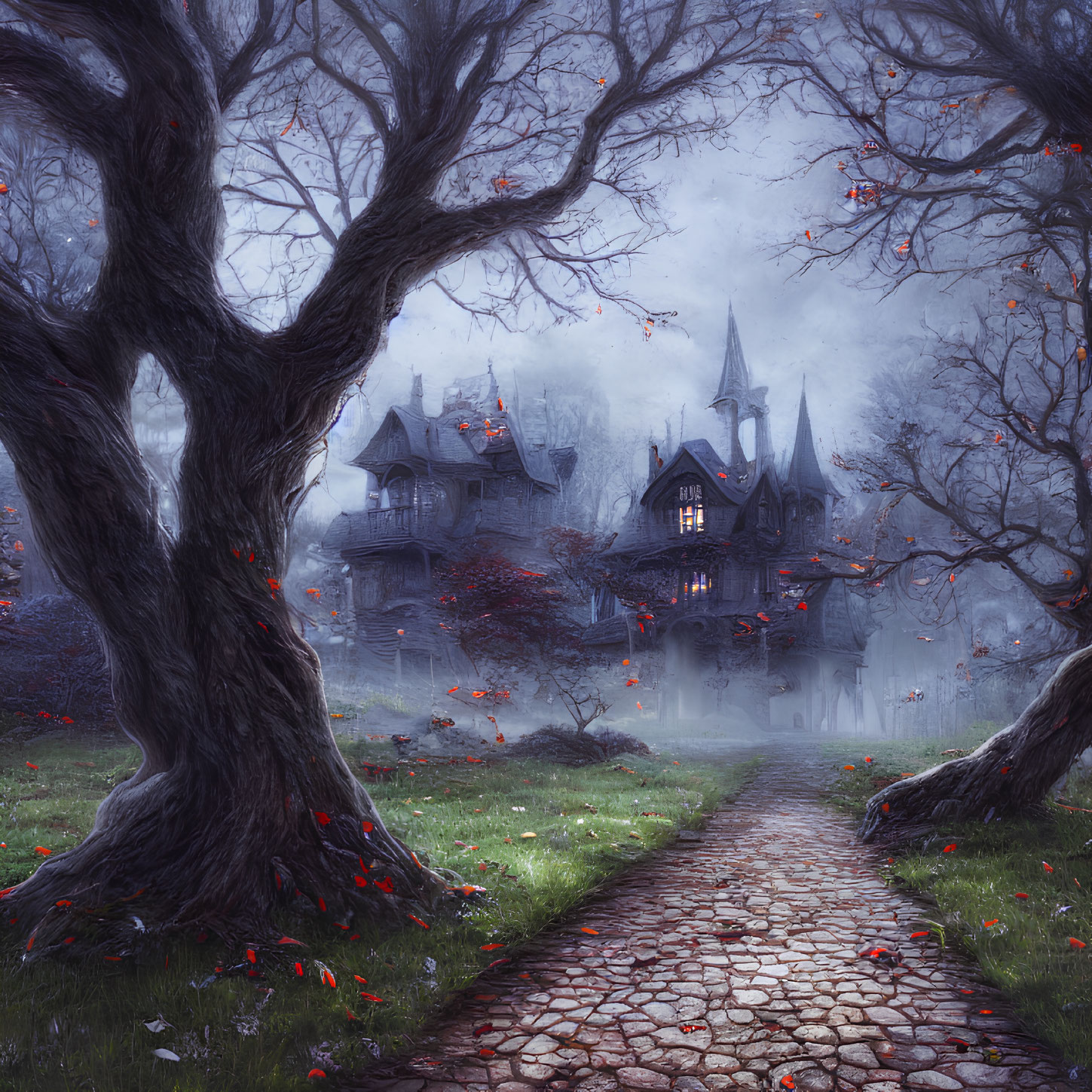 Misty cobblestone path through eerie forest to gothic mansion