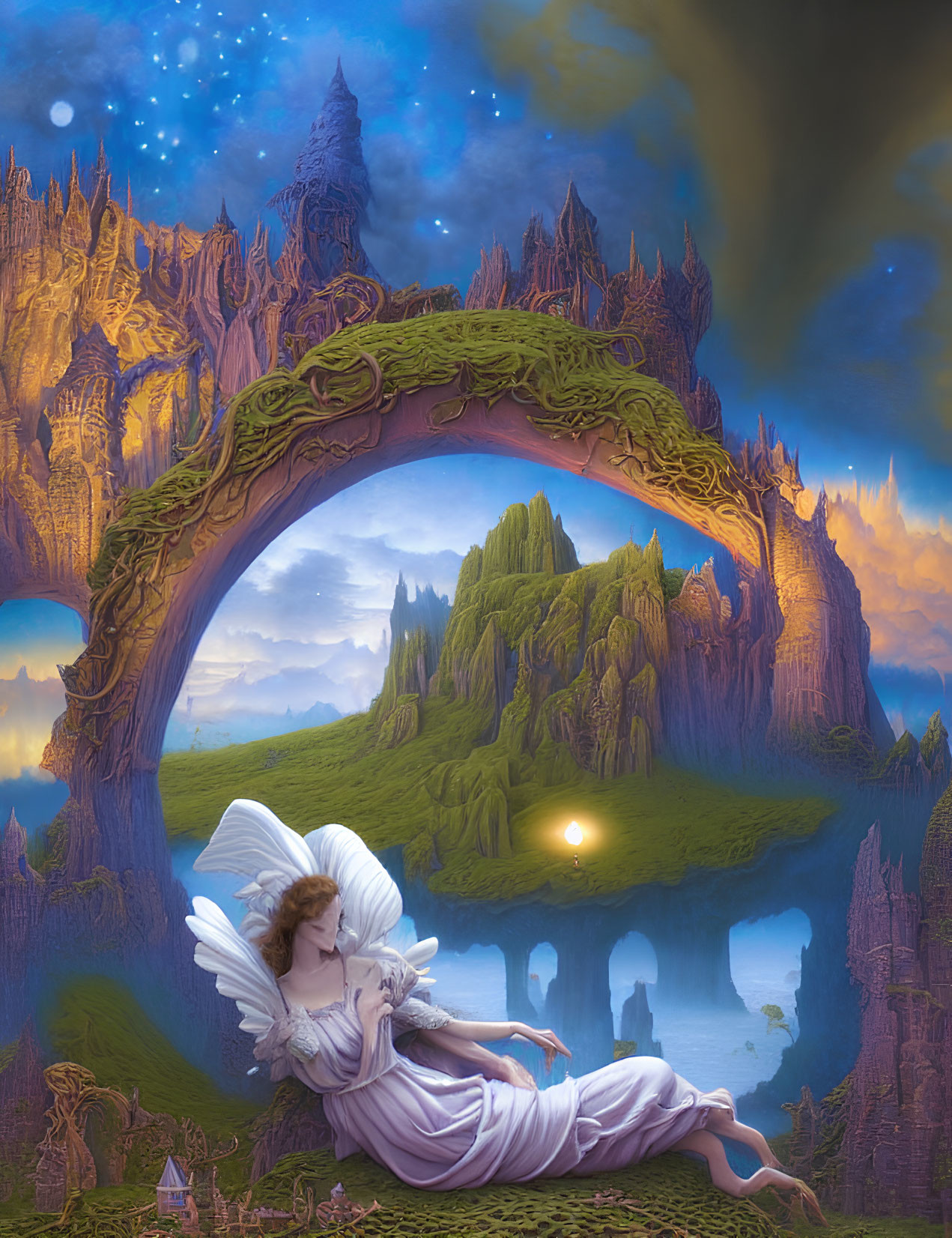 Fantastical angelic figure under arch with mystical castle and ethereal landscapes