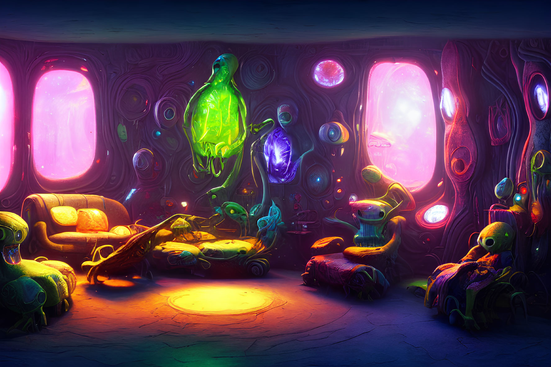 Colorful Alien Spaceship Interior with Glowing Furnishings