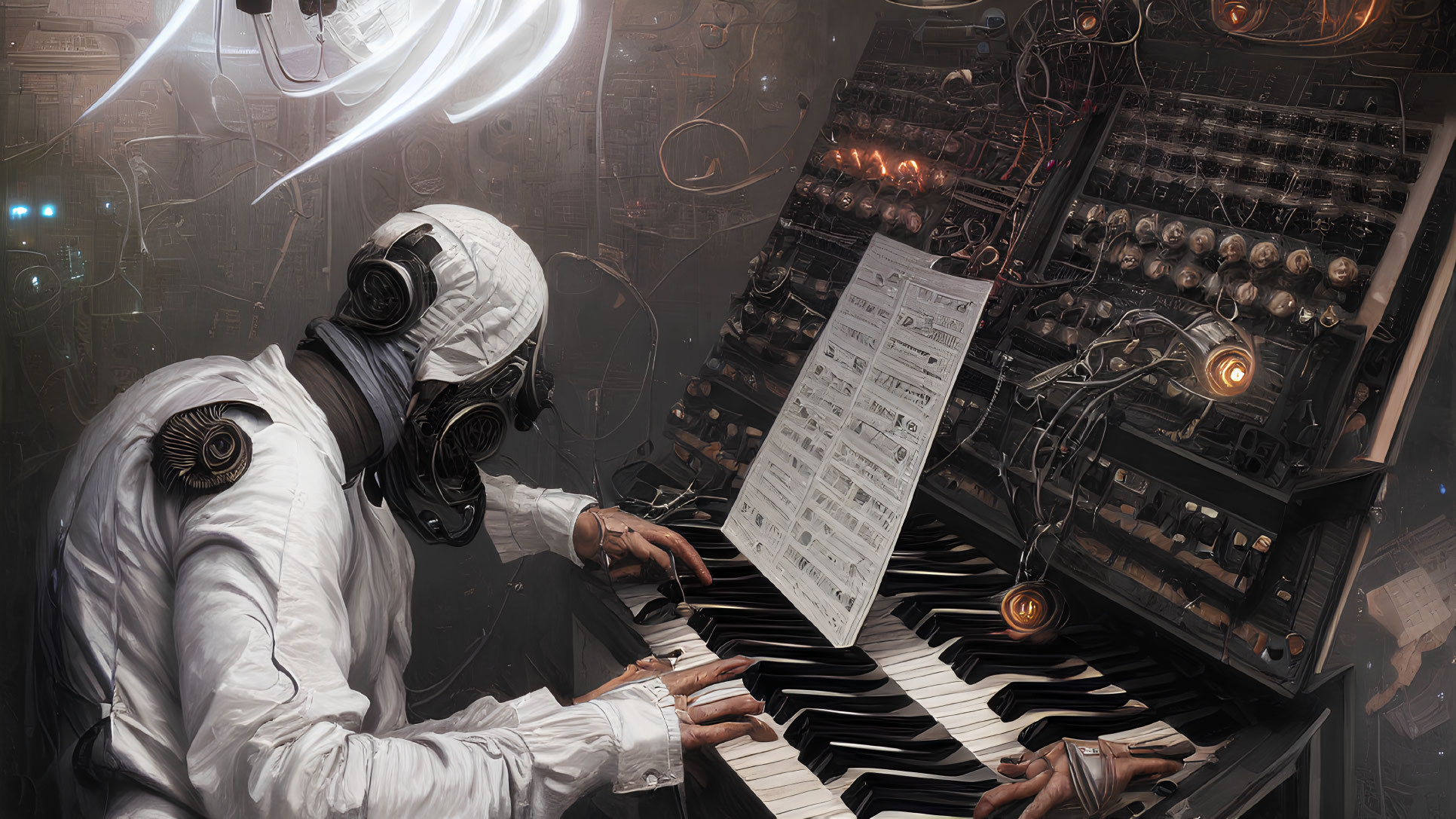 Futuristic individual in white hazmat suit playing piano surrounded by machinery and lights