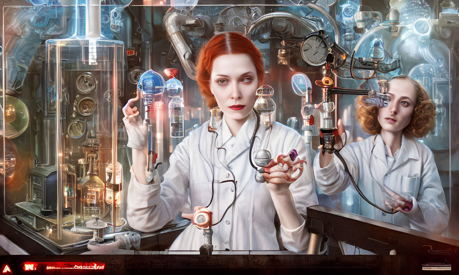 Two Women in White Lab Coats Examining Futuristic Scientific Apparatus