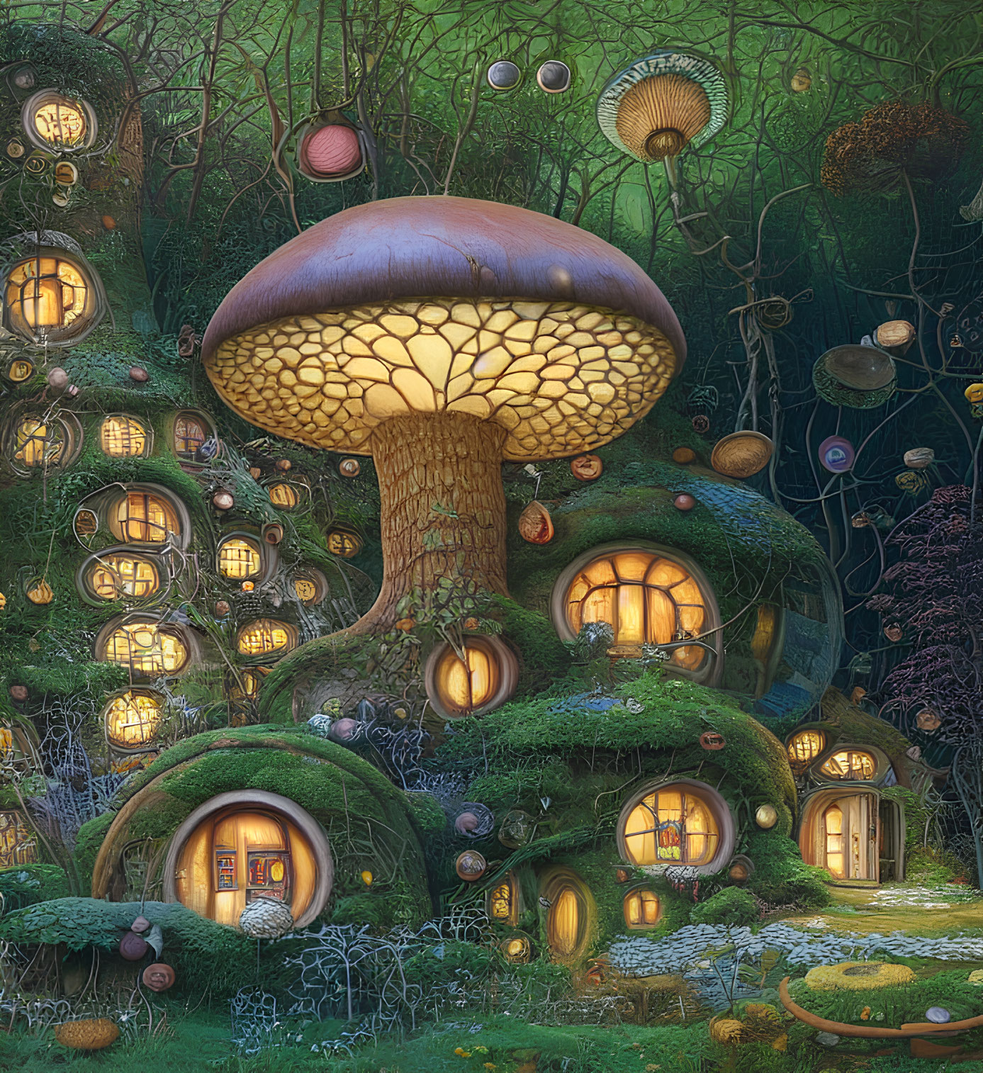 Magical fairytale mushroom village in whimsical forest at night
