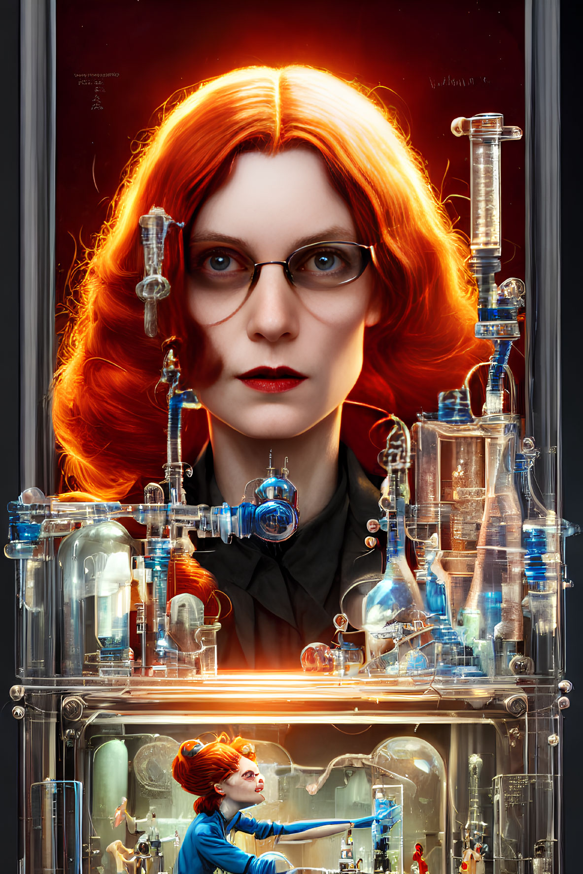 Woman with Red Hair and Glasses in Glass Lab Equipment Scene